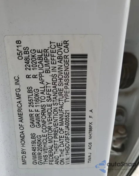 2018 Honda Accord Hybrid Exl из США, поврежденный, VIN 1HGCV3F57JA005521